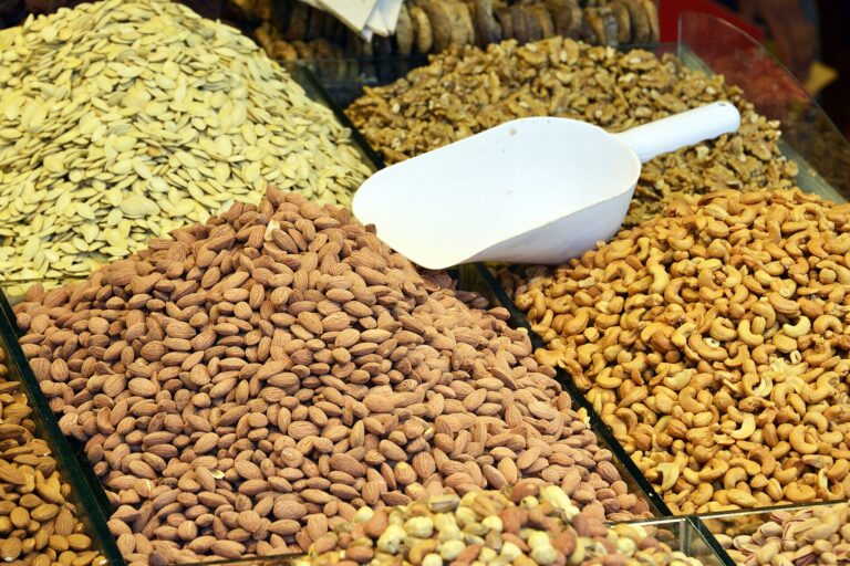 Various nuts on Egyptian Market (Spice Bazaar) in Istanbul - almonds, pumpkin seeds, cashew nuts, nuts, pistachios, chickpea ...