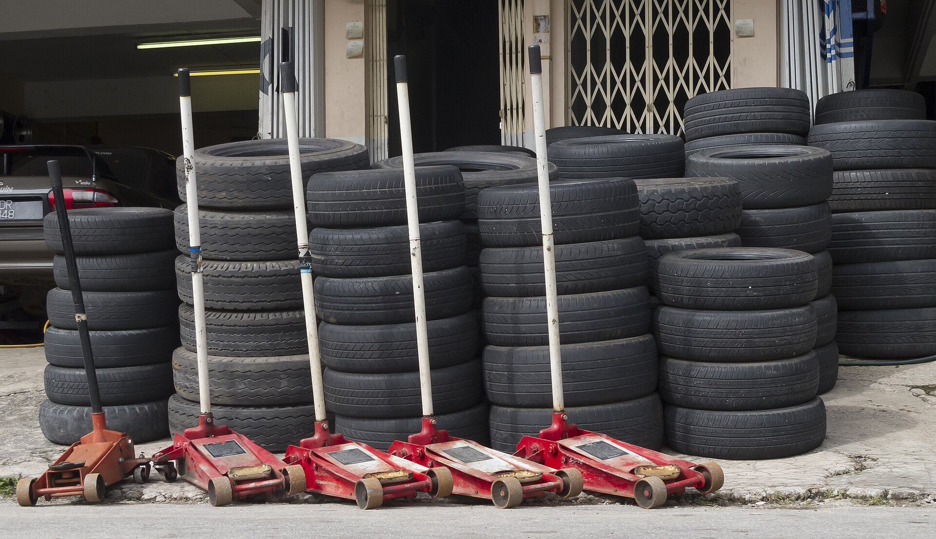 Gombak, Malaysia: A tyre repair shop showing his assets